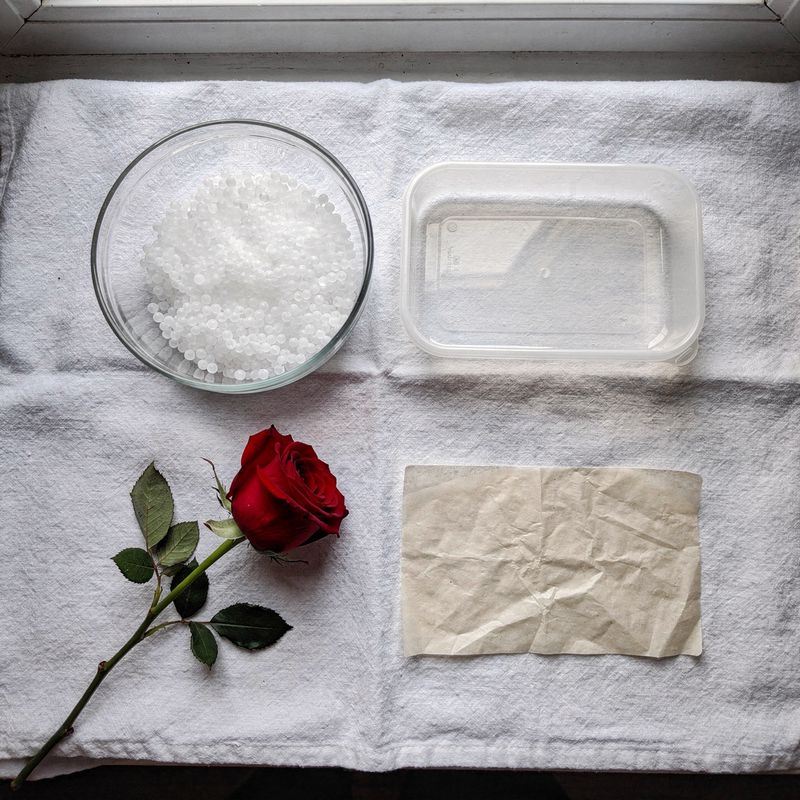 Silica-Gel-Materialien: Behälter, Gelkörnchen und eine frische Rose vor der Behandlung