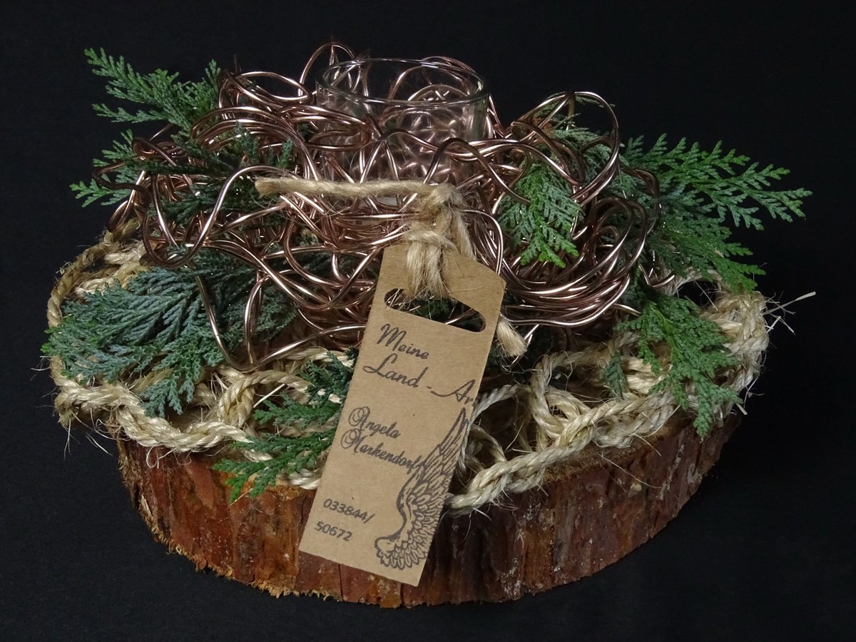 Kupferdrahtnest auf Baumscheibe mit Thuja