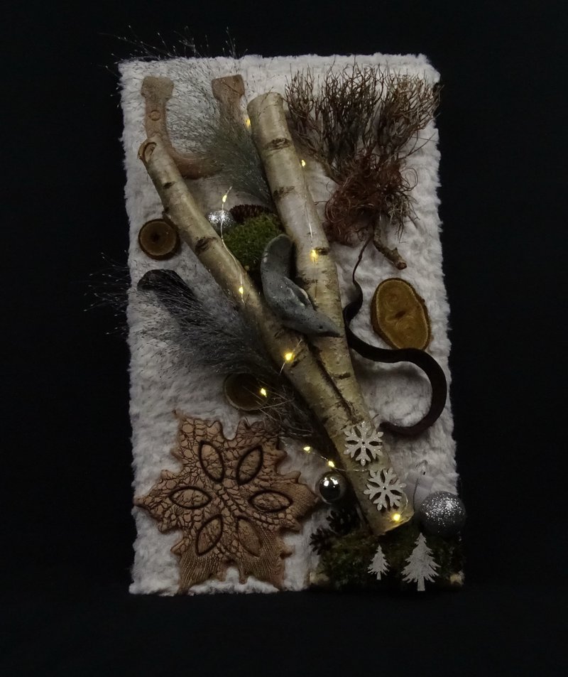 Wandpaneel mit Birkenzweigen und Lichterkette